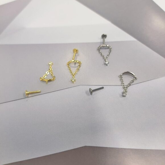 Silver Tassel Chain Dainty Cubic Zirconia Cartilage Earring with Flat Screw Back - Picture 6 of 6